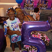 Kalise is registered to the contest to win money with this photo: child, toddler, adult, baby, birthday, party, balloons, number_balloon, purple_balloon, doll, smiling, portrait, family, couch, living_room, celebration, decorations, cartoon, sitting, indoor