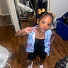 Musik joined the competition — help win amazing prizes! child, girl, peace_sign, hair_bows, denim_vest, butterfly_print, black_outfit, socks, wooden_floor, indoor, mirror, reflection, household_items, flooring, pose, smile, cute, standing, playful, portrait