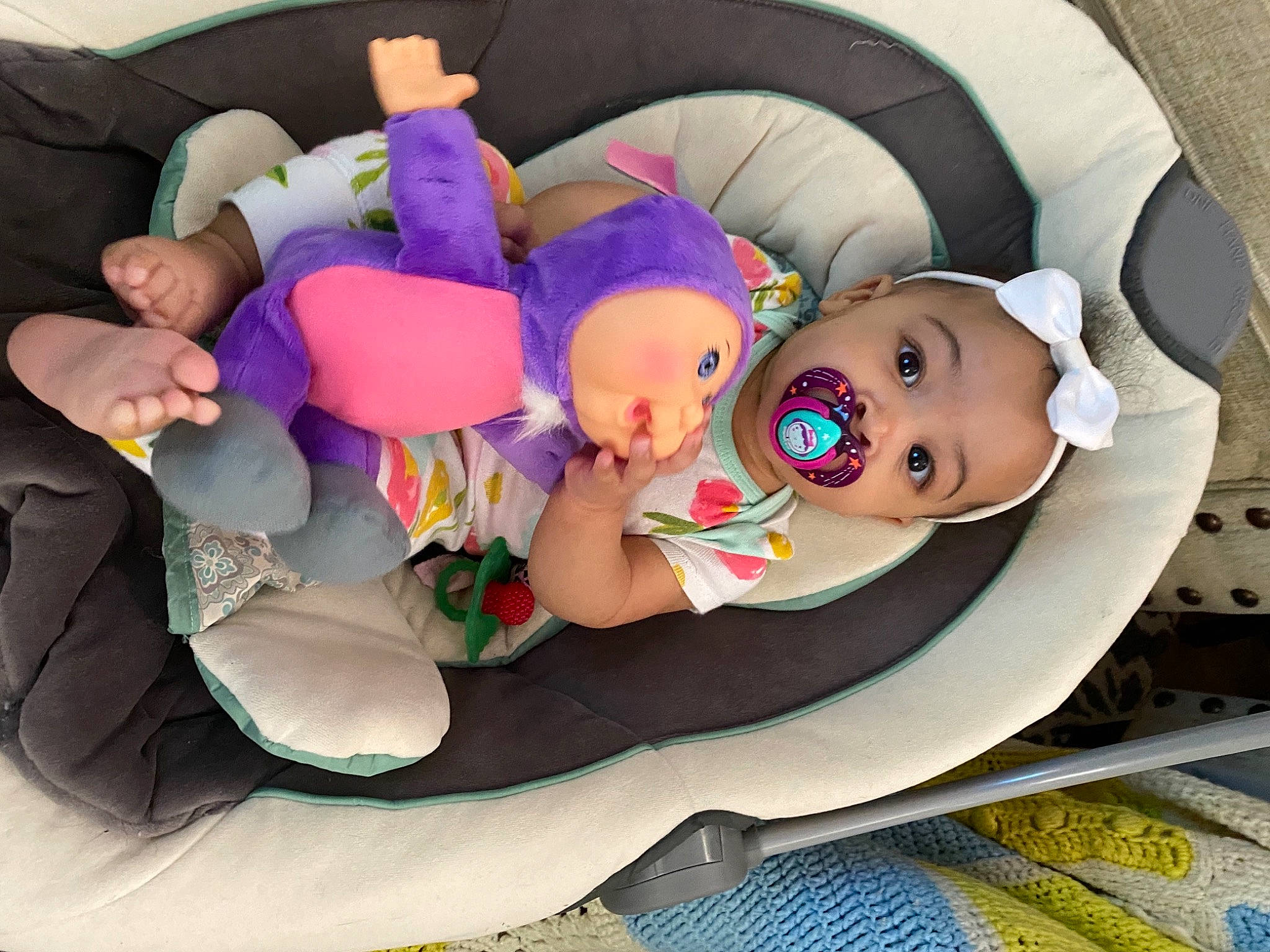 Avalynn is registered to the contest to win money with this photo: baby, baby_products, baby_safety, baby_sleeping, baby_toddler_clothing, baby_toys, child, comfort, fun, lap, linens, person, pink, play, plush, room, sitting, stuffed_toy, textile, toddler