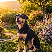Paillette a rejoint le concours — aidez-le/la à gagner de superbes lots ! dog, black_and_tan, sitting, grass, garden, flowers, tree, sunlight, outdoor, pathway, nature, pet, canine, happy, animal, summer, greenery, sunset, portrait, beautiful