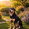 dog, black_and_tan, sitting, grass, garden, flowers, tree, sunlight, outdoor, pathway, nature, pet, canine, happy, animal, summer, greenery, sunset, portrait, beautiful