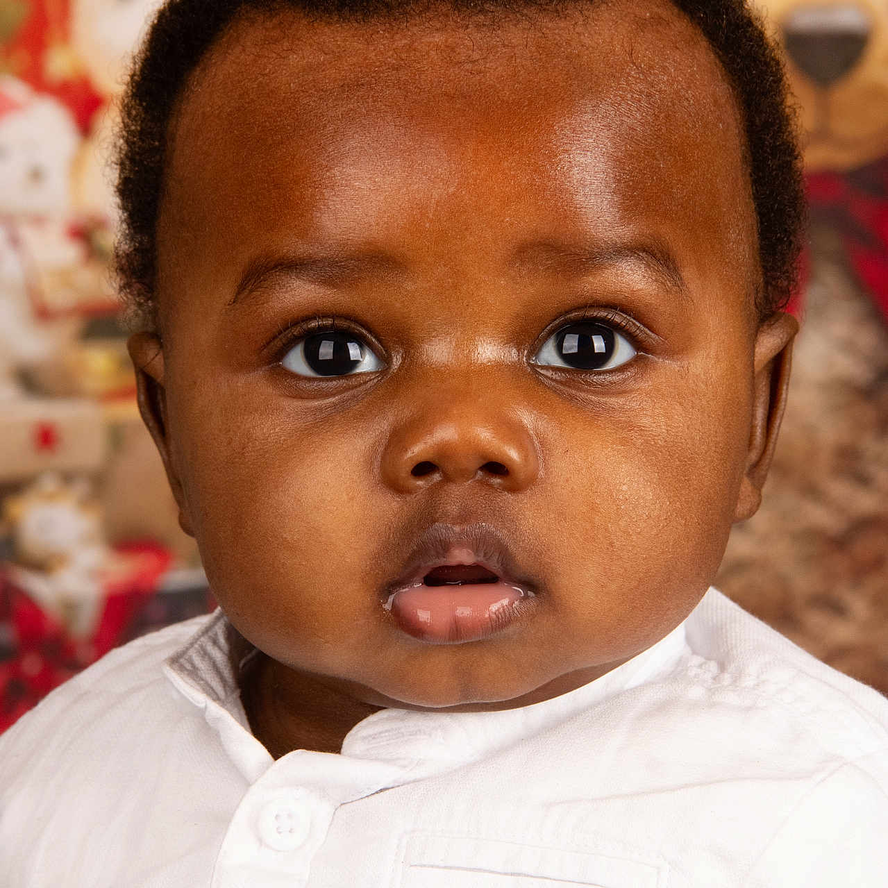Steeve-Aaron participe au concours pour gagner de l'argent avec cette photo : adorable, baby, background, child, closeup, curious, cute, expression, eyes, face, head, indoors, infant, person, portrait, skin, soft_lighting, teddy_bear, white_shirt, young