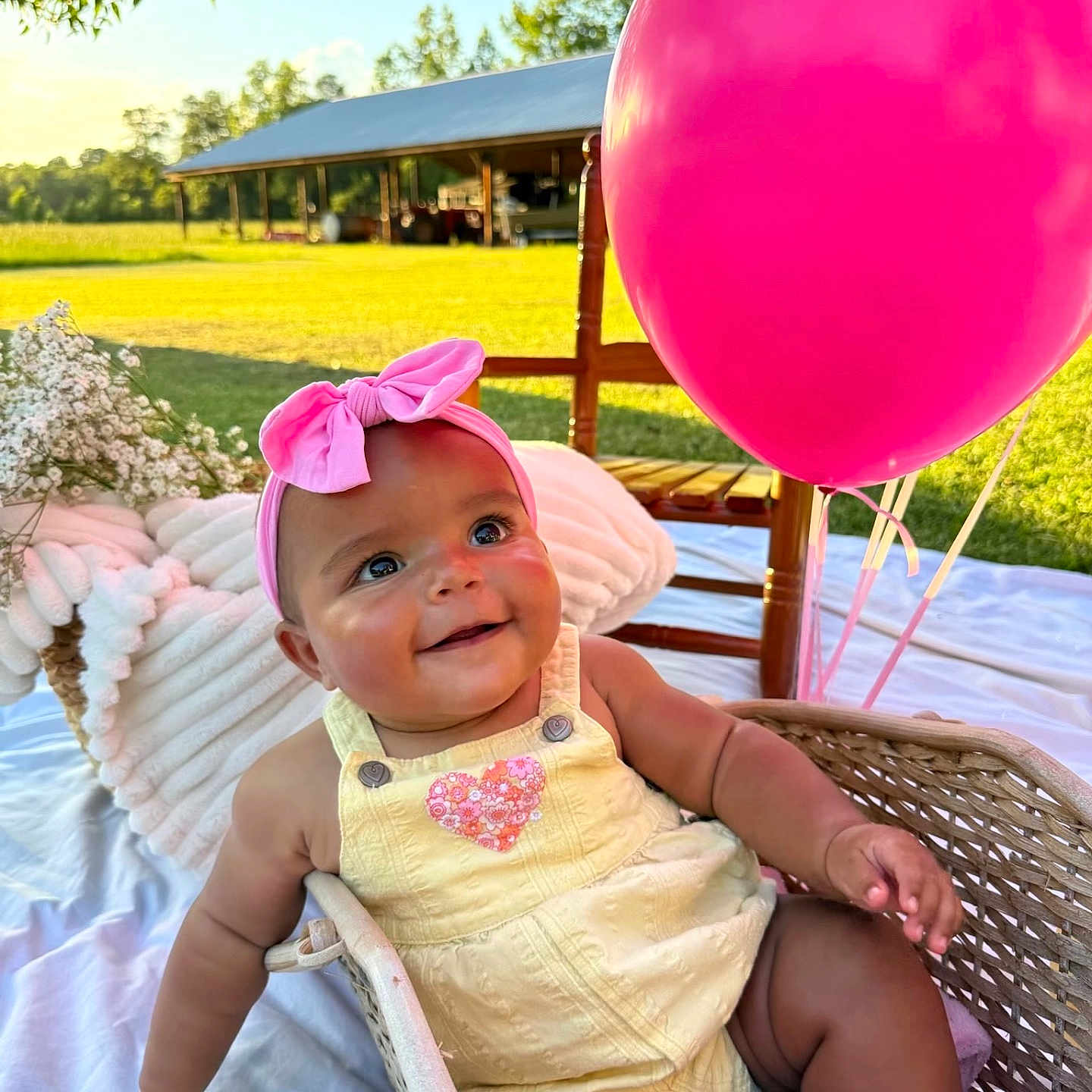 Makiyah joined the competition — help win amazing prizes! baby, balloon, basket, blanket, child, cute, field, greenery, happy, headband, infant, outdoor, pink, pink_bow, portrait, smile, summer, sunlight, wooden_chair, yellow_outfit