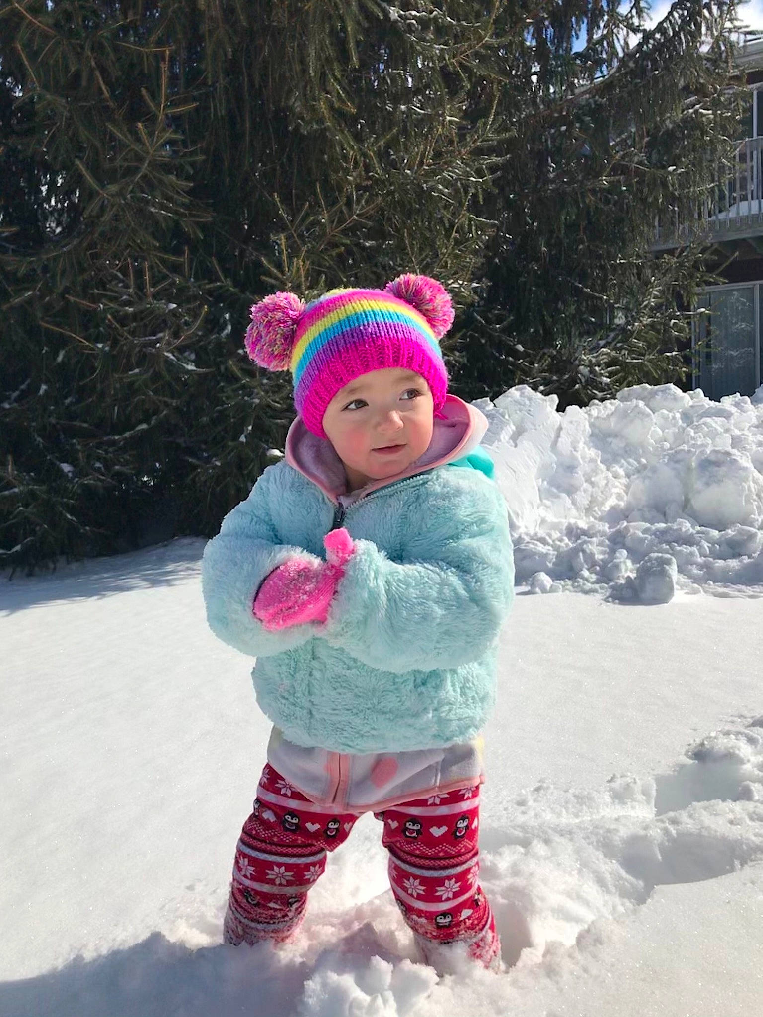 Ava joined the competition — help win amazing prizes! baby_toddler_clothing, cap, cheek, child, freezing, fun, glove, grass, happy, head, headgear, headwear, jacket, knit_cap, magenta, outerwear, person, pink, snow, toddler