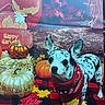 dog, bandana, pumpkin, autumn_leaves, checkered_blanket, harvest_sign, jack_o_lantern, fall_decor, hay, small_dog, spotted_dog, red_bandana, decorative_pumpkin, orange_pumpkin, gold_pumpkin, festive, indoor, holiday, cute, animal