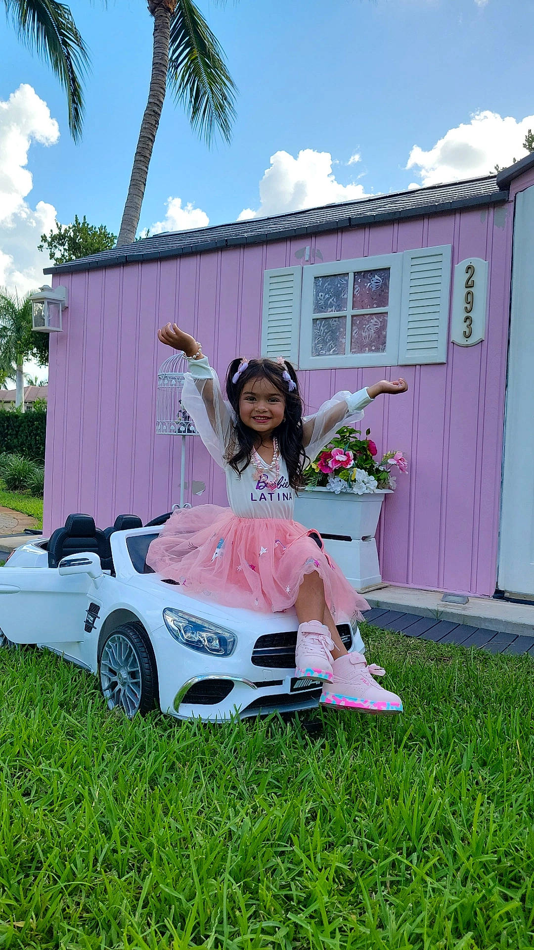 Selena Abdulaziz is registered to the contest to win money with this photo: automotive_design, car, cloud, dress, grass, happy, hood, joy, lawn, leisure, person, pink, plant, sky, sunglasses, t_shirt, tire, tree, vehicle, vehicle_door