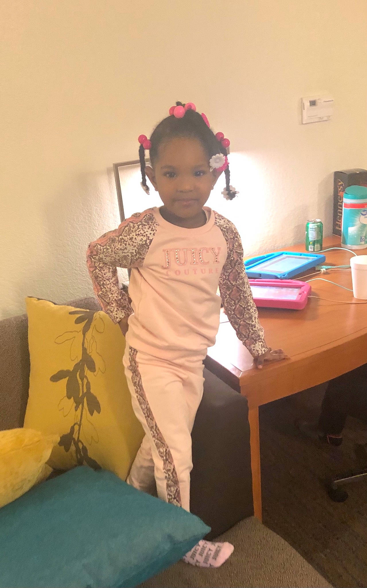 Aliya joined the competition — help win amazing prizes! baby, baby_toddler_clothing, child, comfort, desk, drawer, fashion_design, flooring, fun, hat, knee, lighting_accessory, person, play, room, sitting, sleeve, t_shirt, table, thigh