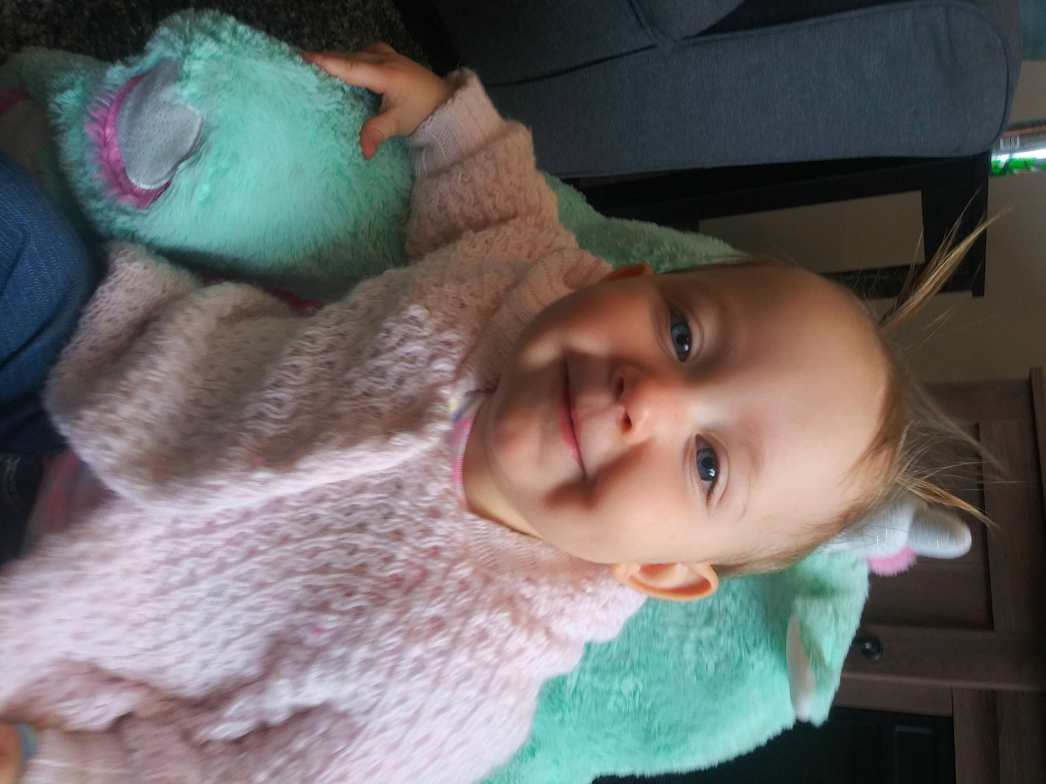 Katherine is registered to the contest to win money with this photo: baby, cheek, ear, eye, eyebrow, eyelash, forehead, happy, head, human_body, iris, joy, lip, mouth, nose, person, skin, smile, stuffed_toy, toddler