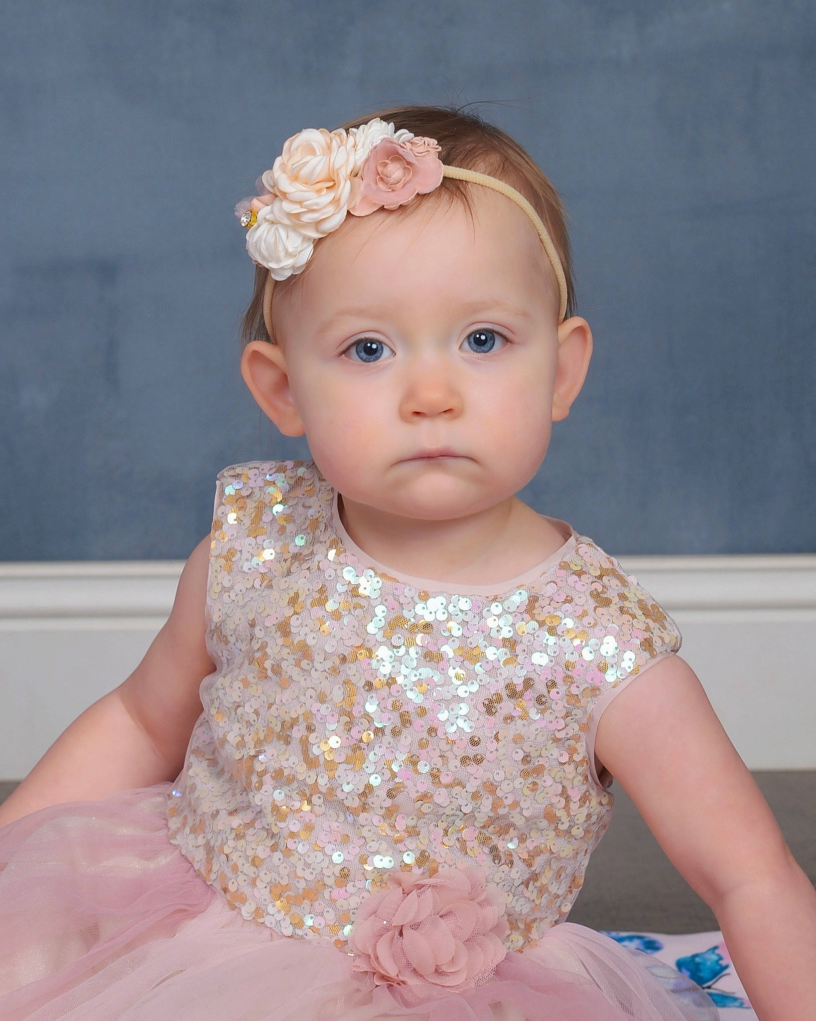 Katherine joined the competition — help win amazing prizes! baby, baby_toddler_clothing, bridal_accessory, cheek, dress, embellishment, eye, flash_photography, happy, headband, headgear, headpiece, iris, jewellery, lip, person, petal, pink, skin, sleeve