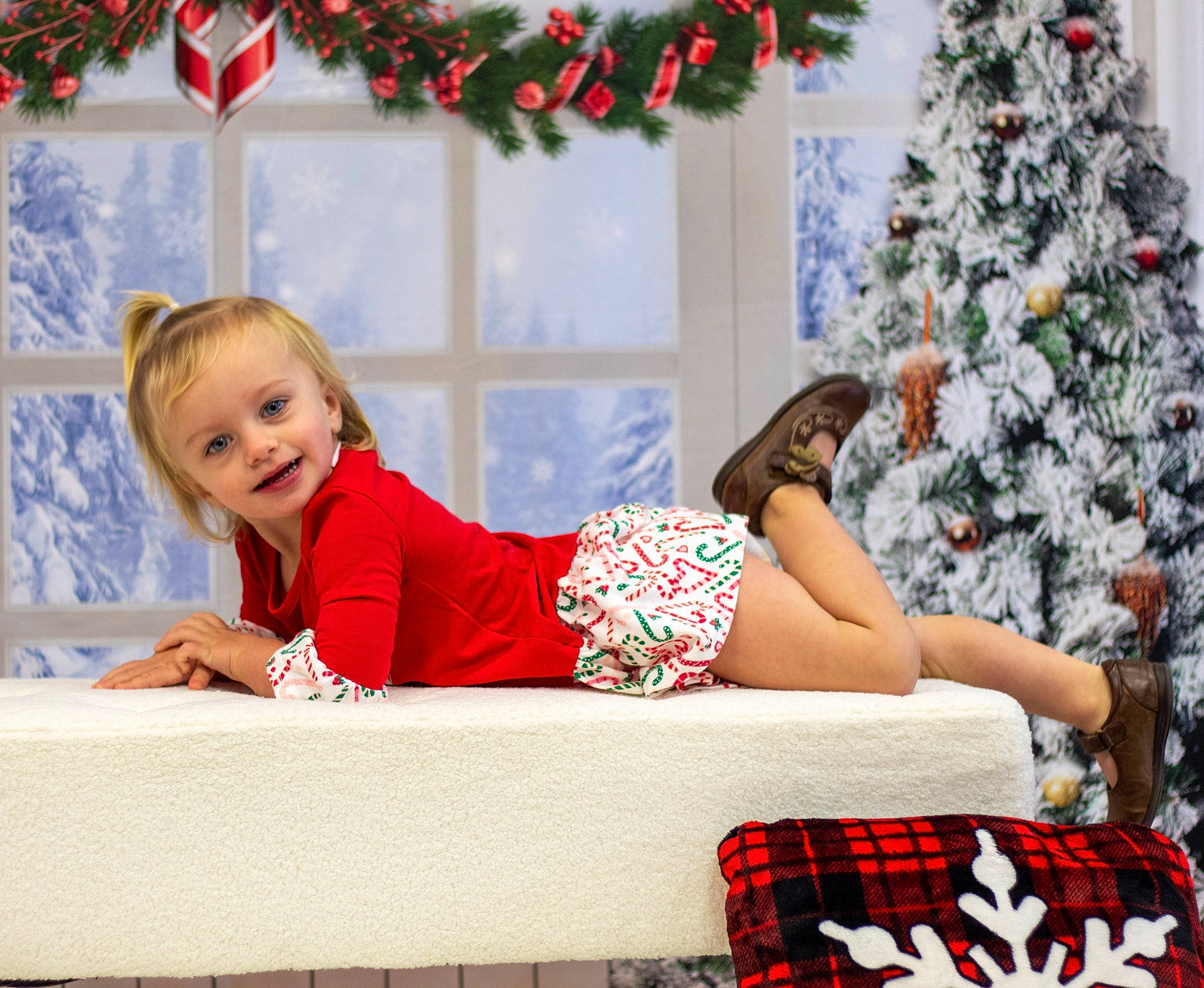 Adilynn joined the competition — help win amazing prizes! beauty, christmas_decoration, christmas_ornament, christmas_tree, couch, event, happy, holiday, holiday_ornament, human_leg, joy, lap, leisure, ornament, pattern, person, plant, red, smile, thigh