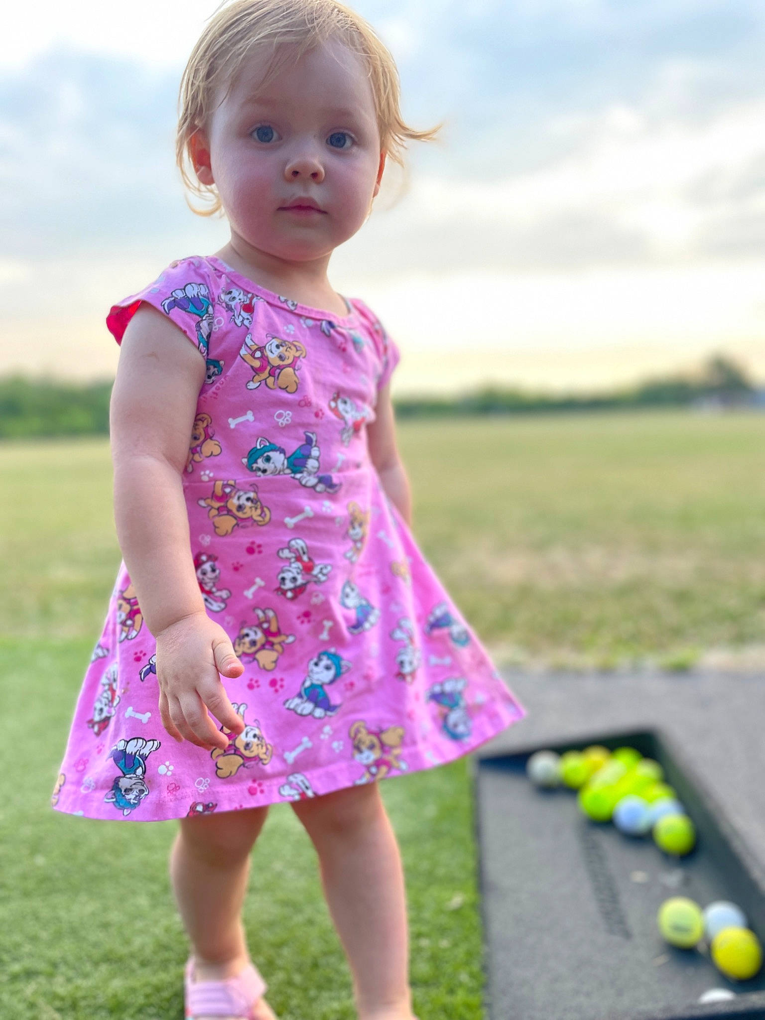 Maya is registered to the contest to win money with this photo: baby_toddler_clothing, child, cloud, day_dress, dress, fun, grass, grass_family, grassland, happy, leisure, one_piece_garment, pattern, people_in_nature, person, pink, skin, sky, sleeve, tennis_ball