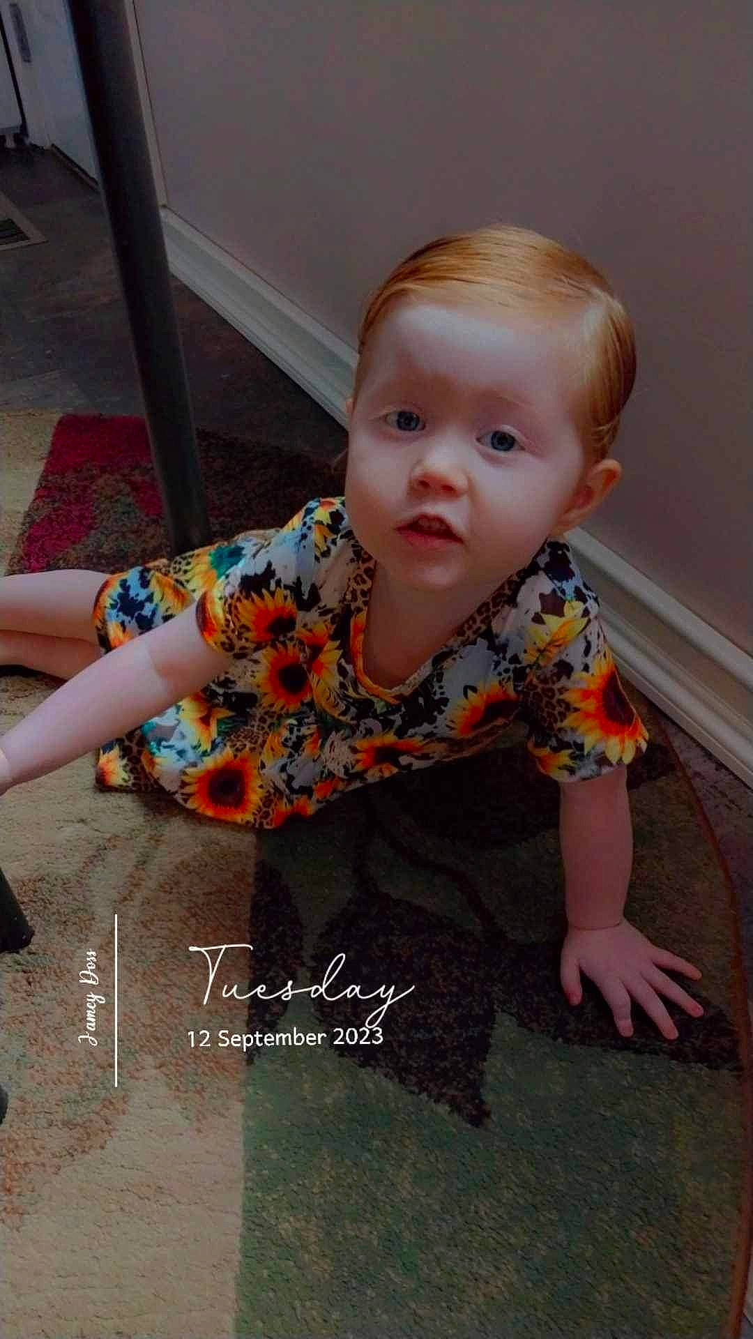 Serenity joined the competition — help win amazing prizes! baby, baby_toddler_clothing, cheek, child, floor, flooring, fun, hairstyle, hardwood, human_leg, pattern, person, play, sitting, skin, sleeve, standing, t_shirt, toddler, wood
