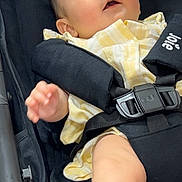Arya participe au concours pour gagner de l'argent avec cette photo : baby, child, stroller, harness, yellow_clothing, black_fabric, infant, cute, portrait, hand, face, eyes, expression, seatbelt, carriage, cute_baby, soft_lighting, indoor, person, closeup