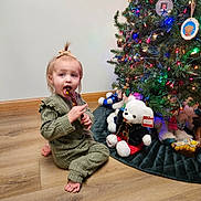 Primlee Rose joined the competition — help win amazing prizes! child, toddler, christmas_tree, chocolate, pretzel, holiday, indoors, floor, plush_toys, decorations, green_sweater, barefoot, cute, festive, tree_lights, toy_bear, wood_floor, holiday_season, young_child, happy