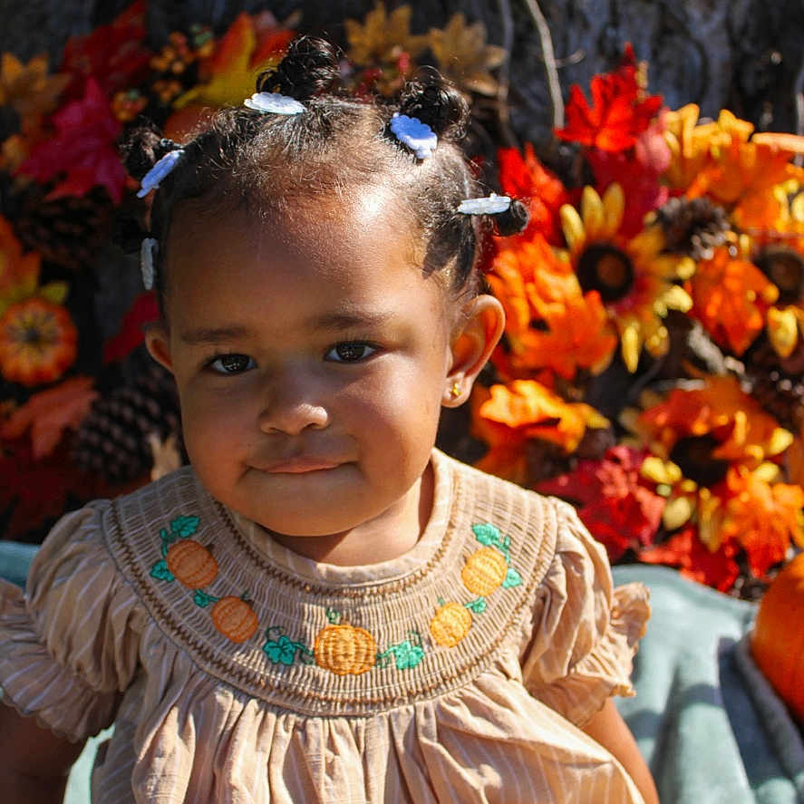 Navaya joined the competition — help win amazing prizes! autumn, beige_dress, child, colorful, cute, fall_leaves, girl, hair_buns, hair_clips, holiday, nature, outdoor, portrait, pumpkin_embroidery, seasonal, smiling, sunflowers, toddler, tree_bark, young_child