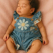 Gianna joined the competition — help win amazing prizes! baby, sleeping, denim, romper, flower_patch, curly_hair, pink_blanket, soft_texture, infant, peaceful, cute_clothing, child, portrait, relaxation, skin, hand, foot, indoors, one_person, toddler