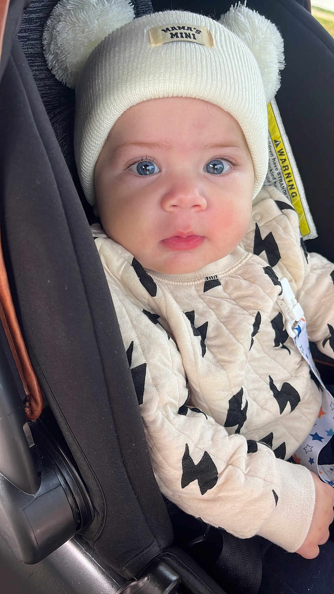 Yaniela is registered to the contest to win money with this photo: baby, child, car_seat, hat, pom_poms, blue_eyes, cute, infant, clothing, patterned_outfit, safety_harness, close_up, indoor, seatbelt, person, portrait, winter_wear, adorable, young, newborn