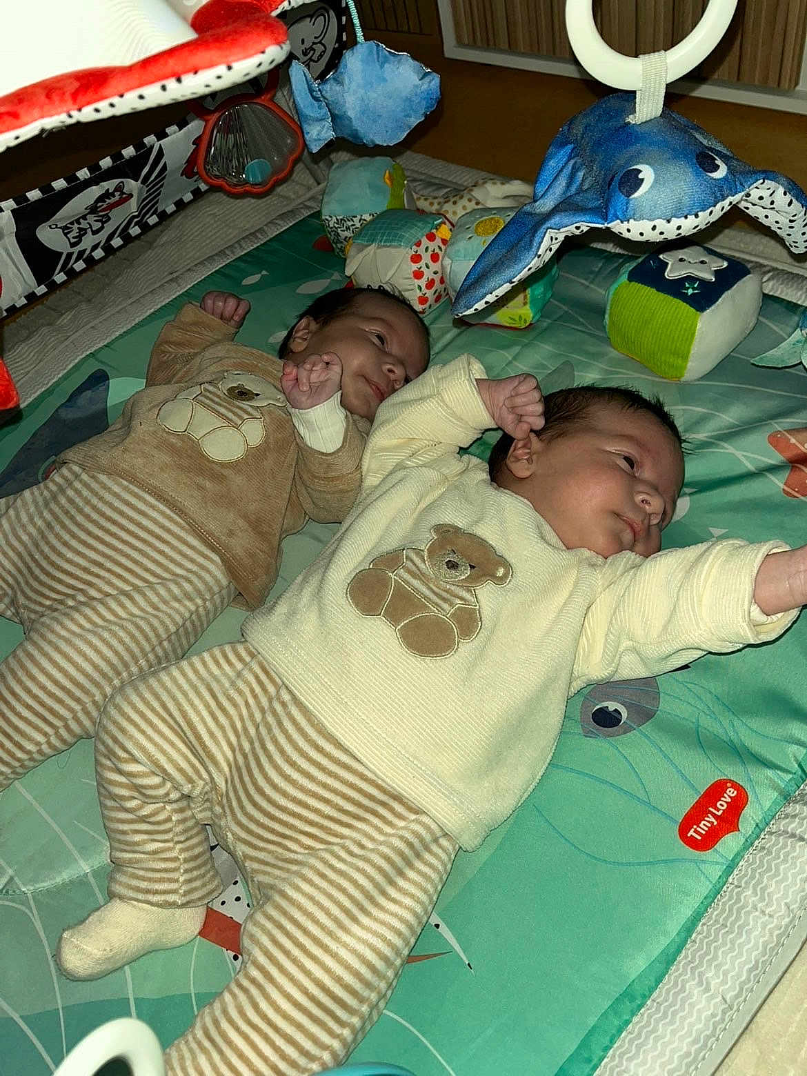 Aslan Et Sinan participe au concours pour gagner de l'argent avec cette photo : baby, child, colorful, cute, floor_mat, indoor, infant, lying_down, matching_outfits, newborn, person, play_area, play_mat, plush_toy, sleepwear, soft_toys, striped_clothing, teddy_bear, toddler, toy