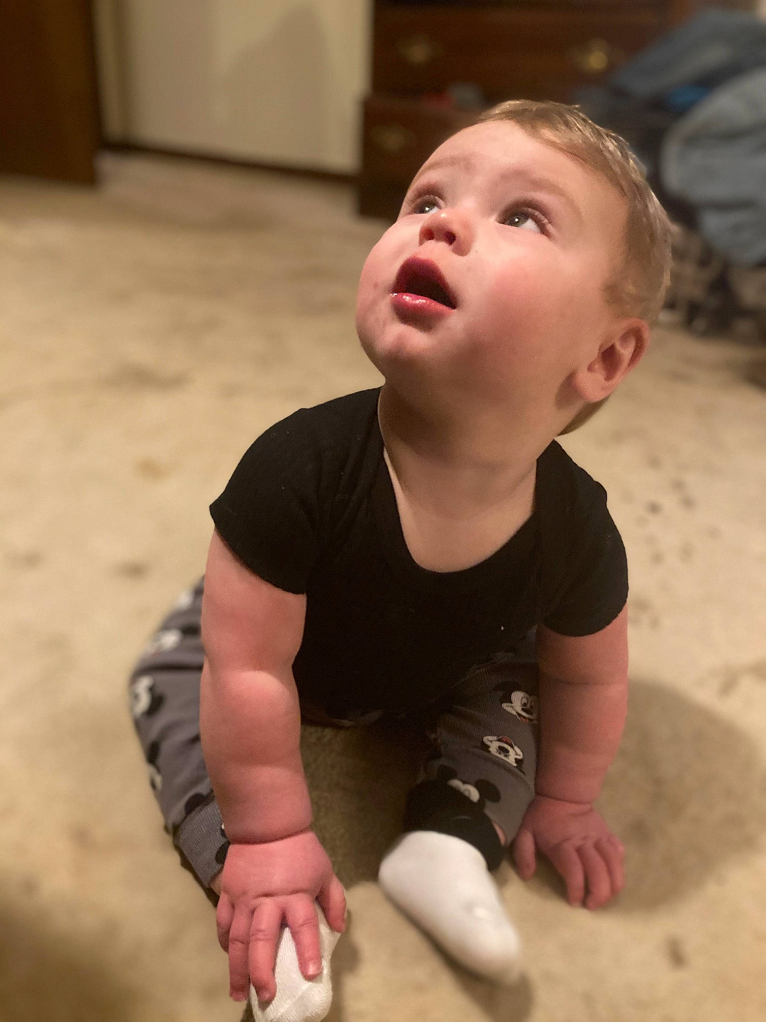 River joined the competition — help win amazing prizes! baby, baby_toddler_clothing, cheek, child, chin, comfort, face, finger, flooring, fun, happy, head, mouth, nose, person, skin, sleeve, surprise, t_shirt, thumb