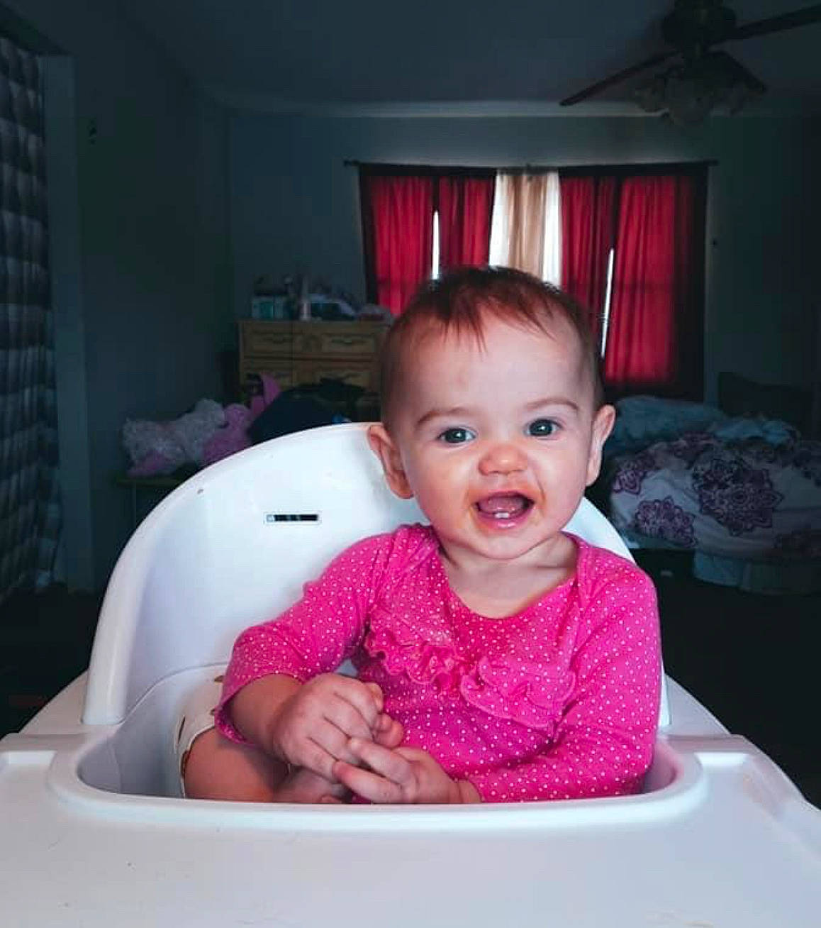 Brenda joined the competition — help win amazing prizes! baby, baby_laughing, baby_products, baby_toddler_clothing, cheek, child, comfort, curtain, fun, happy, iris, magenta, person, pink, purple, room, sitting, skin, sleeve, smile