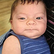 Benjamin is registered to the contest to win money with this photo: baby, child, face, portrait, closeup, indoor, striped_clothing, sleeveless, skin, arm, head, hair, infant, person, young, cute, expression, calm, soft_light, background_blur
