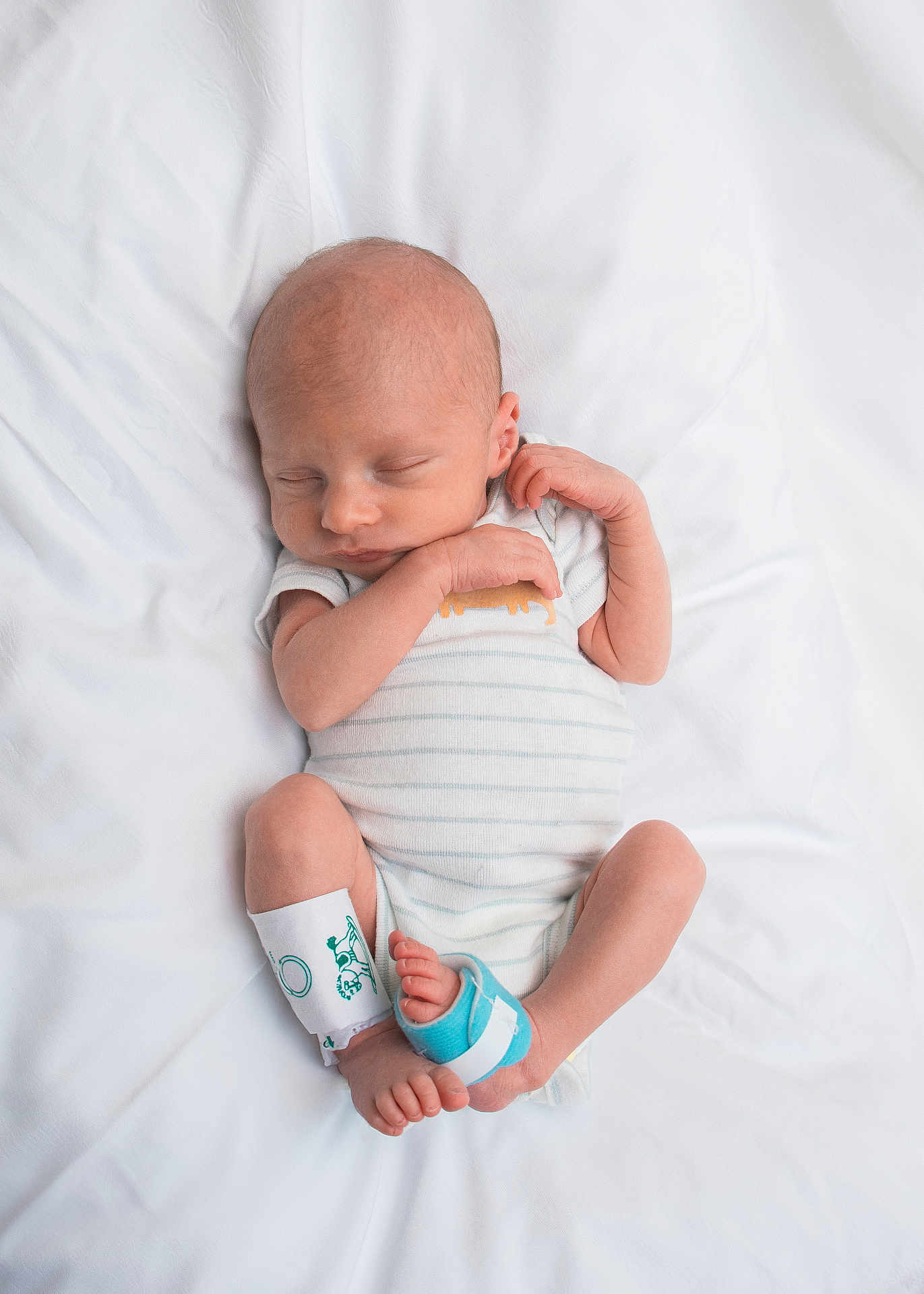 Myles is registered to the contest to win money with this photo: newborn, baby, sleeping, infant, onesie, white_blanket, foot_brace, peaceful, cute, small, human, child, portrait, lying_down, resting, soft, skin, head, hands, feet
