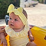 Ruby participe au concours pour gagner de l'argent avec cette photo : baby, infant, yellow_bow, yellow_outfit, water, inflatable_pool, outdoor, summer, cute, child, headband, sitting, chubby_cheeks, curious, sunlight, blurred_background, person, soft_focus, garden, warm