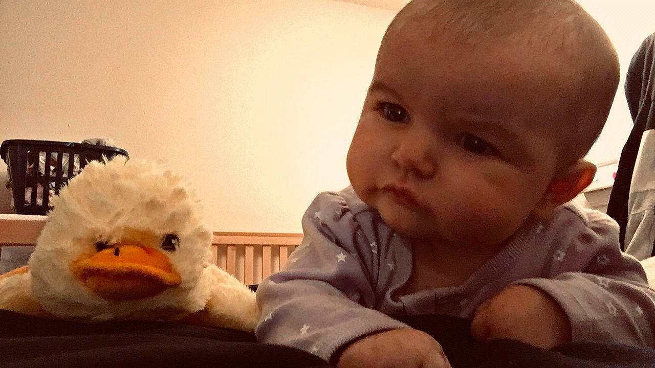 Jaycee is registered to the contest to win money with this photo: baby, baby_products, baby_toddler_clothing, beak, bird, cheek, child, comfort, flightless_bird, person, plush, skin, stuffed_toy, toddler, toy, tummy_time