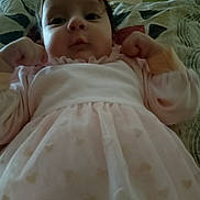 Briana Florina participe au concours pour gagner de l'argent avec cette photo : baby, bed, blanket, cheeks, child, closeup, cute, dress, expression, eyes, face, hair, hands, home, indoor, infant, lying_down, pillow, pink_dress, portrait