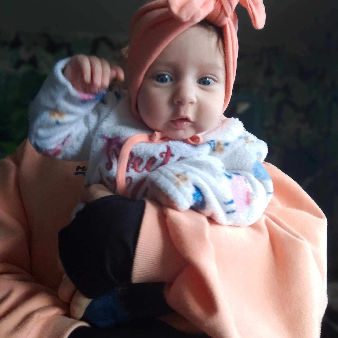 Briana Florina participe au concours pour gagner de l'argent avec cette photo : baby, being_held, blue_eyes, bow, caregiver, child, cute, face, fleece_jacket, hands, hat, headband, hoodie, indoor, infant, person, pink_clothing, portrait, sleeves, surprised_expression