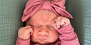 Honey joined the competition — help win amazing prizes! baby, newborn, sleeping, pink_outfit, headband, bow, wooden_buttons, fists, close_up, soft_blanket, infant, cute, peaceful, portrait, child, resting, indoors, cozy, tiny_hands, fabric_texture