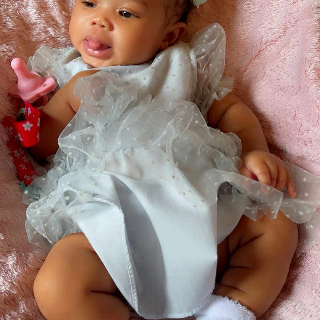 Amilliyan joined the competition — help win amazing prizes! baby, infant, child, white_dress, blue_bows, pink_blanket, socks, pacifier, cute, smiling, lying_down, soft_texture, adorable, toddler, polka_dot, indoor, portrait, happy, young_child, playful