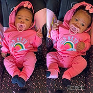 Amilliyan is registered to the contest to win money with this photo: baby, child, pacifier, pink_clothing, hoodie, bow, car_seat, toddler, portrait, cute, infant, smiling, socks, clothing, indoor, two_images, collage, babywear, happy, photography