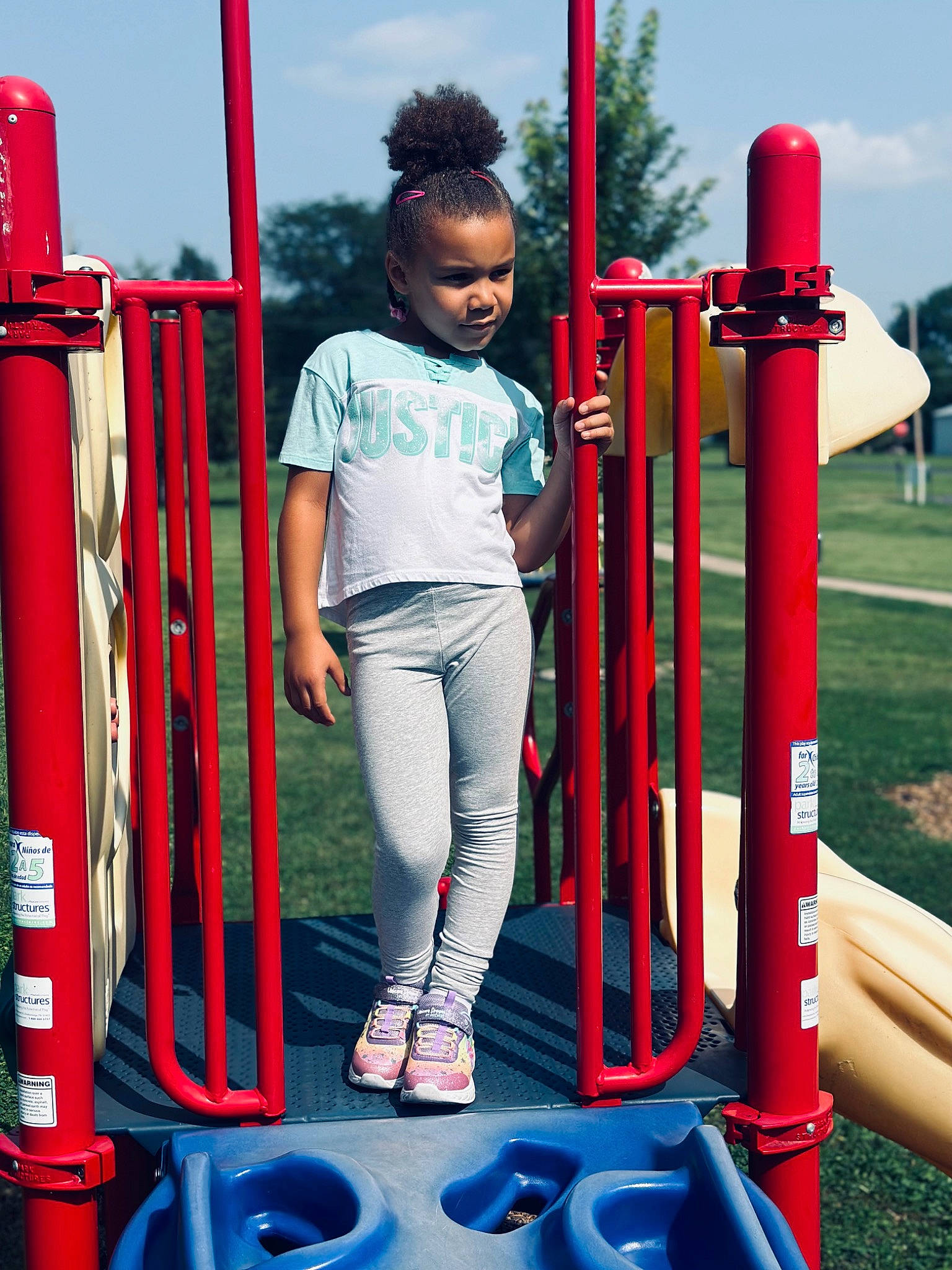 Aubreigh joined the competition — help win amazing prizes! blue, boot, child, chute, city, cloud, electric_blue, fun, leisure, magenta, outdoor_play_equipment, person, play, playground, public_space, recreation, shorts, sky, sneakers, t_shirt