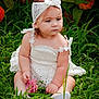 baby, child, girl, grass, flowers, orange_flowers, greenery, white_dress, headband, pink_flower, outdoor, nature, sitting, cute, portrait, summer, garden, serious_expression, skin, footwear