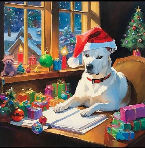 Bella Beth Gosnell joined the competition — help win amazing prizes! carnivore, christmas, christmas_decoration, christmas_eve, christmas_ornament, christmas_tree, companion_dog, dog, dog_breed, dog_supply, event, fawn, hat, holiday, interior_design, leisure, table, tree, window, wood