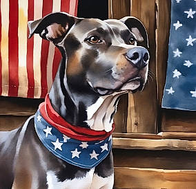 Buddy Ray Gosnell joined the competition — help win amazing prizes! canidae, carnivore, collar, companion_dog, dog, dog_breed, dog_collar, dog_supply, electric_blue, fawn, flag, leash, metal, pattern, pet_supply, sporting_group, whiskers, white, working_animal, working_dog