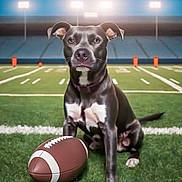 Buddy Ray Gosnell is registered to the contest to win money with this photo: american_football, ball, canidae, carnivore, collar, companion_dog, dog, dog_breed, dog_collar, dog_sports, dog_supply, grass, liver, pet_supply, snout, sporting_group, sports, sports_equipment, sports_toy, working_animal