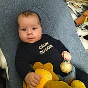 Eymen participe au concours pour gagner de l'argent avec cette photo : baby, infant, child, cushion, plush_toy, yellow_lion, blue_seat, clothing, hand, face, indoor, carpet, floor, toy, person, sitting, expression, furniture, curious, home