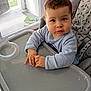 baby, high_chair, child, indoor, window, tray, crumbs, curly_hair, blue_clothing, expression, face, hands, seat, looking, person, young_child, natural_light, home, cute, curious