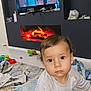 Baha participe au concours pour gagner de l'argent avec cette photo : toddler, child, baby, indoor, living_room, blanket, toys, television, cartoon, fireplace, floor, curly_hair, clothing, expression, face, person, home, modern, colorful, cozy