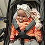 Elyana a rejoint le concours — aidez-le/la à gagner de superbes lots ! baby, pacifier, stroller, headwear, orange_jacket, gray_pants, smile, plush_toy, indoor, child, seatbelt, baby_bow, clothing, face, person, floor, shoes, hand, cute, infant