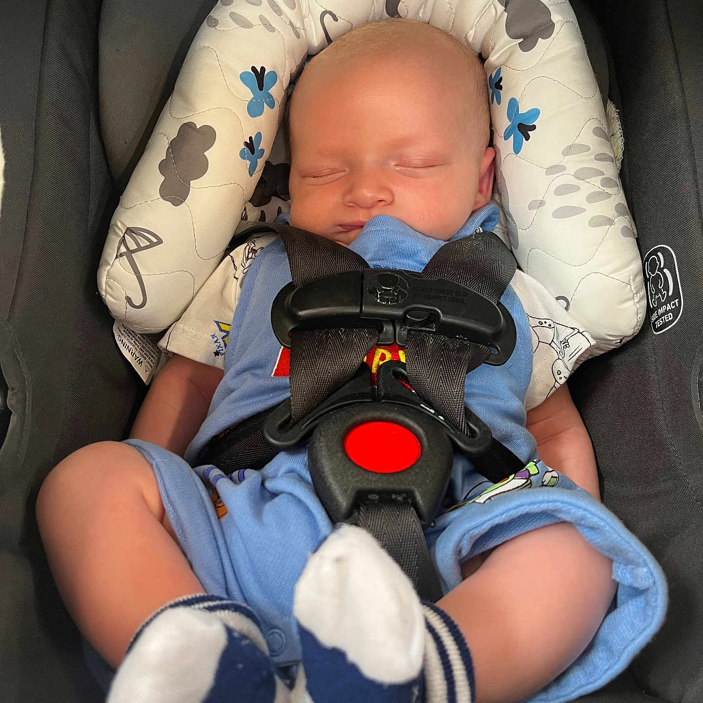 Blake joined the competition — help win amazing prizes! baby, infant, car_seat, sleeping, blue_outfit, socks, safety_harness, cushion, patterned_cushion, head_support, child, closeup, indoor, cute, peaceful, resting, young_child, newborn, portrait, comfort