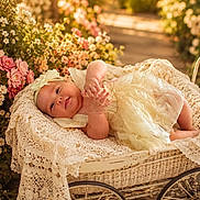 Angelen is registered to the contest to win money with this photo: baby, child, cute, dress, flora, flowers, garden, headband, infant, lace, nature, outdoor, peaceful, portrait, relaxing, smiling, soft_light, sunlight, vintage_pram, wicker