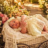 baby, child, cute, dress, flora, flowers, garden, headband, infant, lace, nature, outdoor, peaceful, portrait, relaxing, smiling, soft_light, sunlight, vintage_pram, wicker