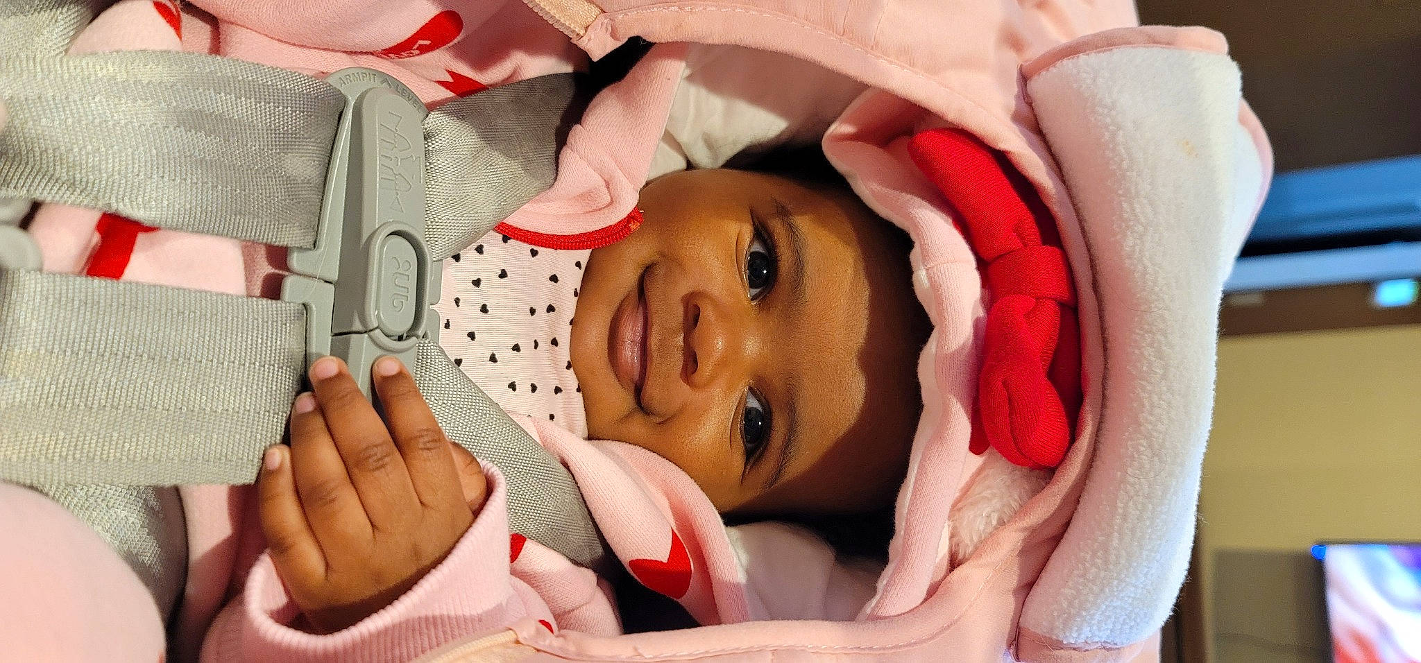 Chanel Rose is registered to the contest to win money with this photo: baby, baby_toddler_clothing, cheek, chin, comfort, eye, eyebrow, eyelash, facial_expression, finger, gesture, happy, lip, mouth, nose, person, pink, skin, smile, textile