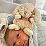 Noémie participe au concours pour gagner de l'argent avec cette photo : newborn, baby, plush_toy, bunny, blanket, soft, cute, infant, wrapped, sleeping_area, bed, fabric, cozy, child, face, resting, indoors, comfort, toy, cuddle