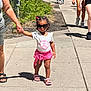 toddler, child, sunglasses, sidewalk, holding_hand, pink_skirt, white_shirt, sandals, urban, outdoor, sunny, people, walking, casual_clothing, street, daytime, cute, hair_bows, shadows, confident