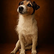 Ilario a rejoint le concours — aidez-le/la à gagner de superbes lots ! animal, brown_background, canine, cute, dog, domestic_animal, ears, eyes, fur, jack_russell_terrier, looking_up, nose, paw, pet, portrait, puppy, sitting, studio_lighting, whiskers, young
