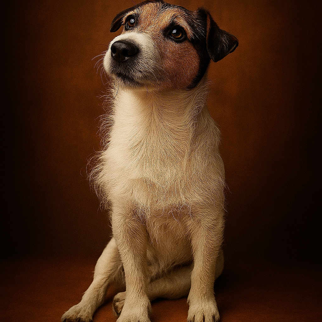 Ilario a rejoint le concours — aidez-le/la à gagner de superbes lots ! animal, brown_background, canine, cute, dog, domestic_animal, ears, eyes, fur, jack_russell_terrier, looking_up, nose, paw, pet, portrait, puppy, sitting, studio_lighting, whiskers, young